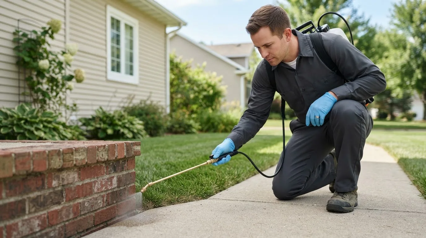 Pest control technician treating a home near Scaly Mountain, NC